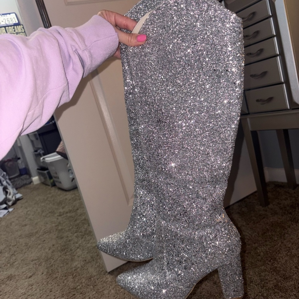 Silver Glitter Knee-High Boots